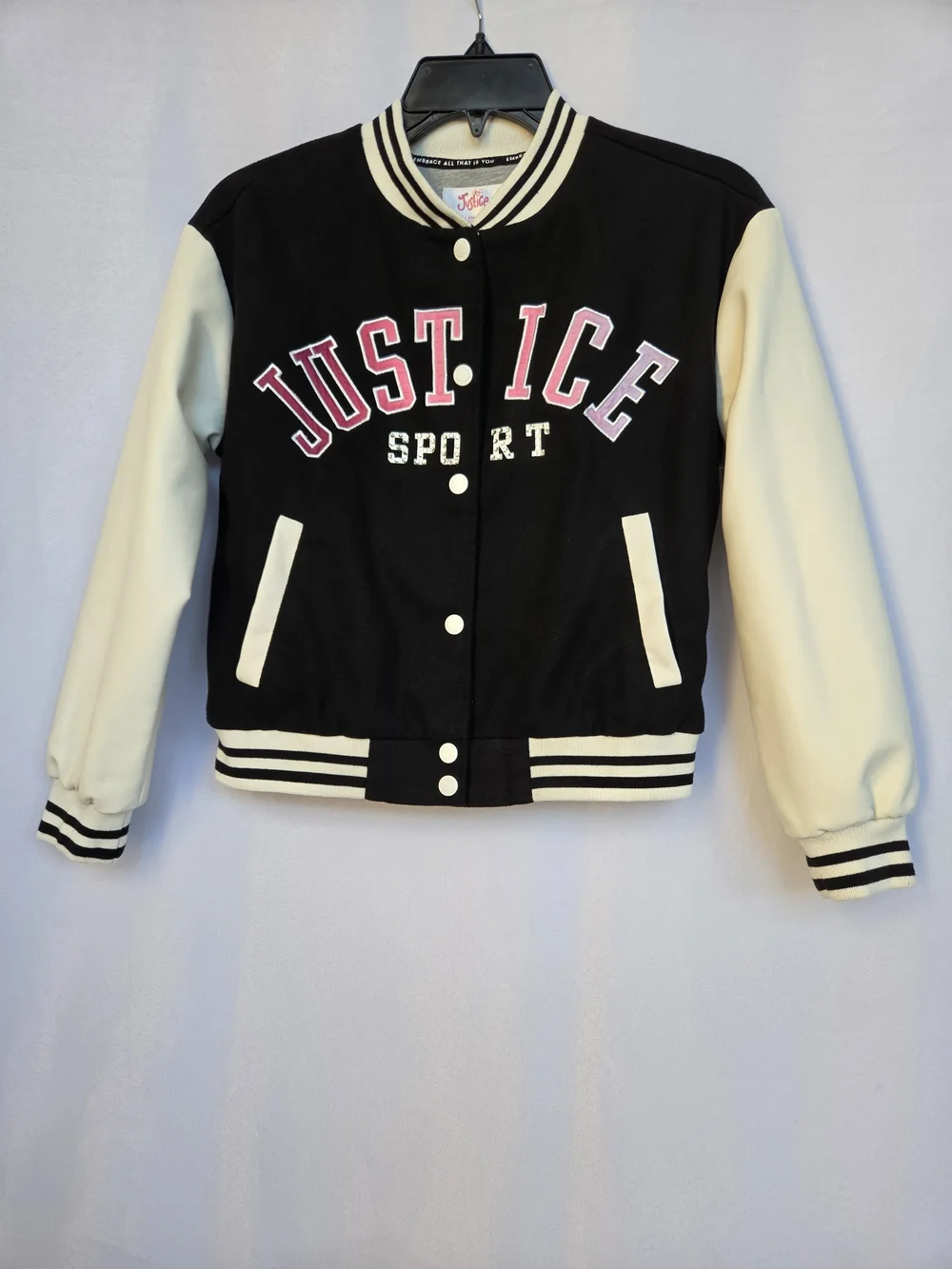 Justice Black & Cream Striped Collar Jacket with Pink Logo Tag